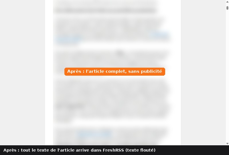 Article complet récupéré dans FreshRSS après réglage du sélecteur CSS (texte flouté)