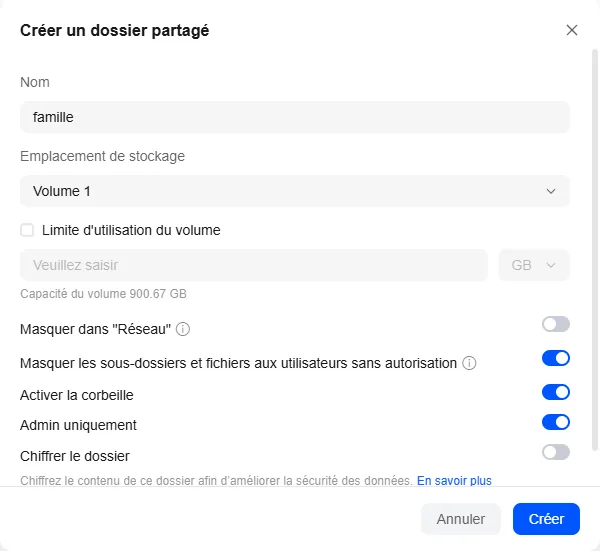 Fenêtre « Créer un dossier partagé » dans UGOS Pro