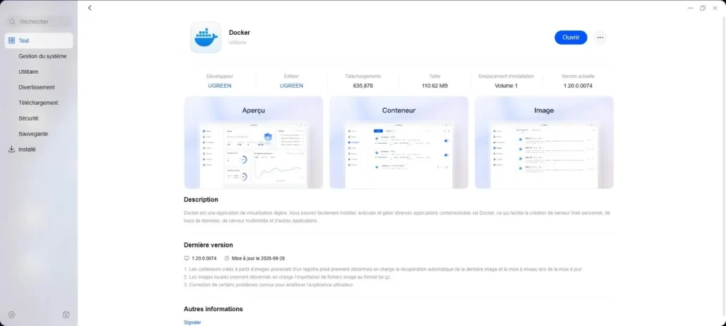 Fiche de l’application Docker dans le Centre d’applications UGOS Pro