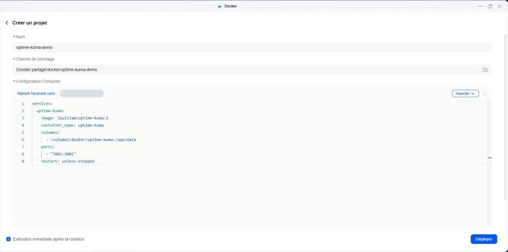 Création d’un projet Docker Compose pour Uptime Kuma dans UGOS Pro