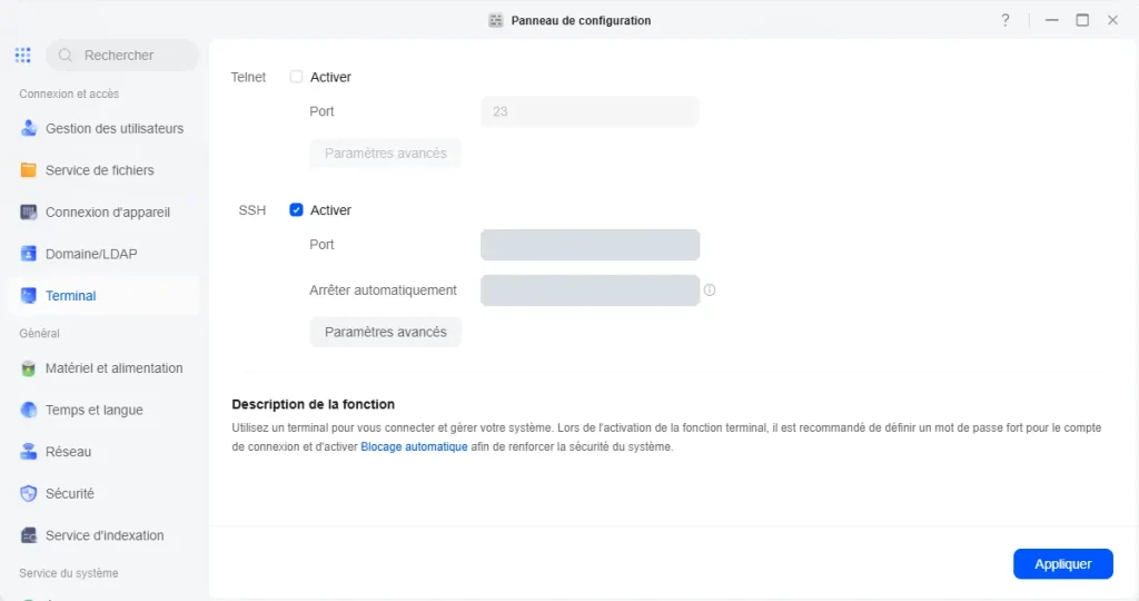 Activation de SSH dans le Panneau de configuration UGOS Pro, rubrique Terminal (port masqué)